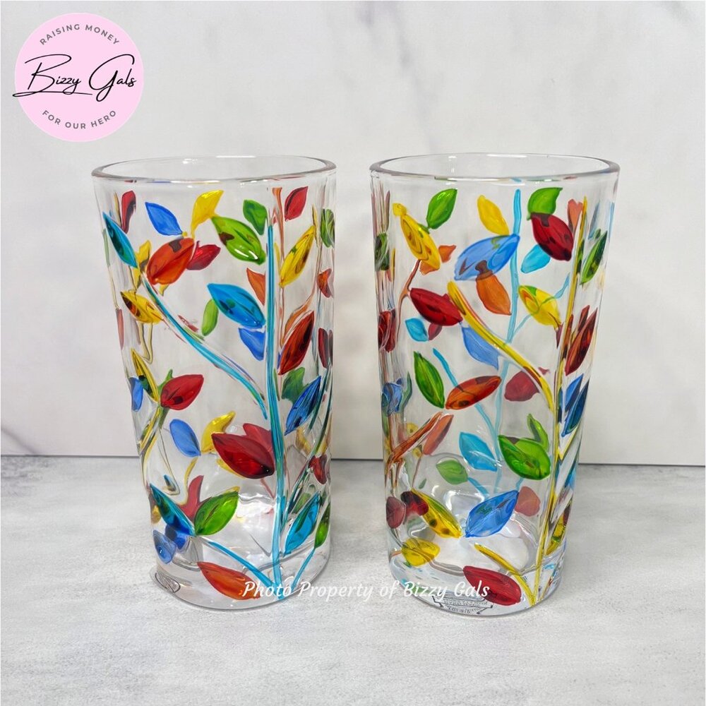 Murano 2 Highball Glasses Set Hand Painted Leaves Multicolored